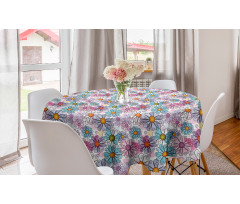 Çiçekli Yuvarlak Masa Örtüsü Rengarenk Papatya