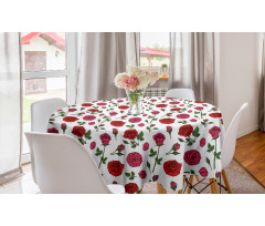 Romantik Yuvarlak Masa Örtüsü Kırmızı Detaylı Aşk Çiçekleri Gül Deseni