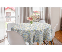 Çiçekli Yuvarlak Masa Örtüsü Pastel Tonlu Floral Motifler ve Yapraklar