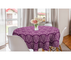 Çiçekli Yuvarlak Masa Örtüsü Soyut Floral Motif Süslemeli Damask Deseni