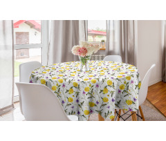 Çiçekli Yuvarlak Masa Örtüsü Vintage Stil Sarı Papatyalar ve Hezarenler