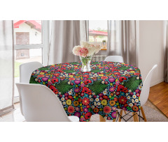 Çiçekli Yuvarlak Masa Örtüsü Rengarenk Floral Motif Dünyası ve Yapraklar