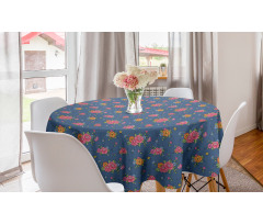 Floral Yuvarlak Masa Örtüsü Rengarenk Tomurcuklu Gül Buketleri Desenli