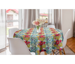 Çiçekli Yuvarlak Masa Örtüsü Tekrarlı Floral Motifler ve Renkli Buketler