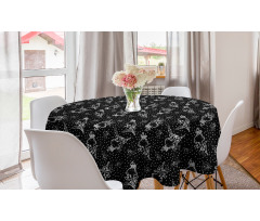 Çiçekli Yuvarlak Masa Örtüsü Tekrarlayan Floral Motif Silüeti El Çizimi