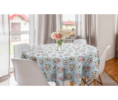 Benekli Yuvarlak Masa Örtüsü Romantik Klasik Puantiyeli Çiçek Buketleri 