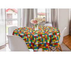 Çok Renkli   Yuvarlak Masa Örtüsü Rengarenk Legolar Dizili İnşa Oyuncaklar