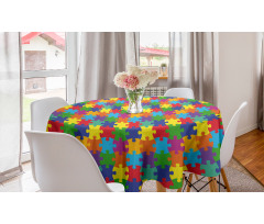 Renkli Yuvarlak Masa Örtüsü Çocuksu Tasarım Rengarenk Puzzle Parçaları