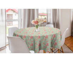 Çiçekli Yuvarlak Masa Örtüsü Pembe ve Yeşil Çiçek