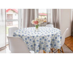 Çiçekli Yuvarlak Masa Örtüsü Mavi ve Sarı Desenli Yapraklı