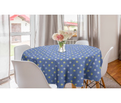 Çiçekli Yuvarlak Masa Örtüsü Mavi Sarı Beyaz Desenli