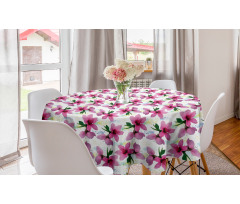 Çiçekli Yuvarlak Masa Örtüsü Pembe Kiraz Çiçeği Desenli