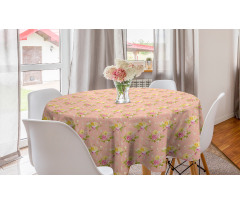 Çiçekli Yuvarlak Masa Örtüsü Pembe ve Sarı Gül Bitkileri Soft Desen