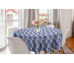Çiçekli Yuvarlak Masa Örtüsü Mavi Beyaz Kareli