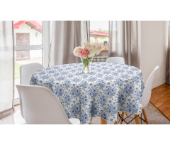 Çiçekli Yuvarlak Masa Örtüsü Mavi Gül Desenli Stil Vintage