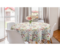Floral Yuvarlak Masa Örtüsü Beyaz Fon Üzerinde Rengarenk Yapraklı Desen
