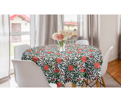 Çiçekli Yuvarlak Masa Örtüsü Yeşil Yapraklı Romantik Kırmızı Güller 