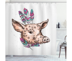 Pig Portrait Feathers Shower Curtain