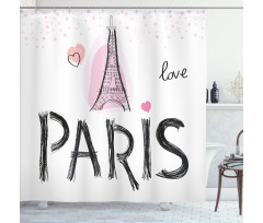 Paris Duş Perdesi Romantik ve Kalpli Eyfel Kulesi Grafik Çizim