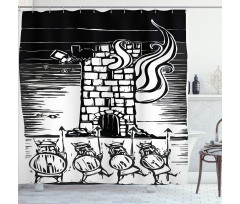 Woodcut Style Viking Tower Shower Curtain