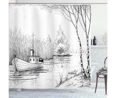 Black White Boat River Shower Curtain