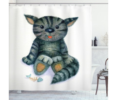 Cat Cartoon Fish Skeleton Shower Curtain