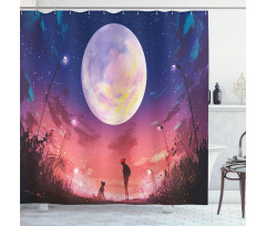 Dog Under Huge Moon Shower Curtain