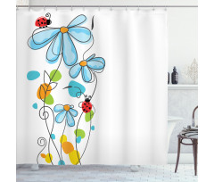 Cartoon Ladybugs Flowers Shower Curtain