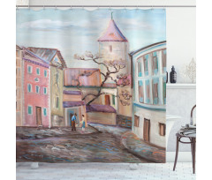 Watercolor Effect Town Shower Curtain