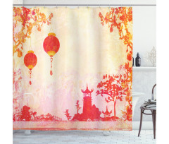 Chinese Lanterns Building Shower Curtain