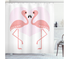 Romantik Duş Perdesi Pembe Kalpli Arka Planda 2 Flamingo Motifi