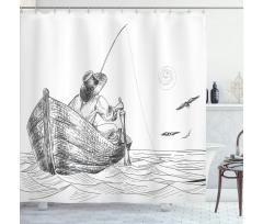 Fisherman on Boat Sketch Shower Curtain