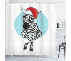 Yeniyıl Duş Perdesi Mavi Daire İçinde Noel Baba Şapkalı Zebra 