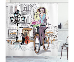 Lady Rides Bicycle Roses Shower Curtain