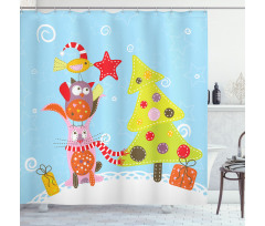 Cartoon Style Cat Owl Shower Curtain