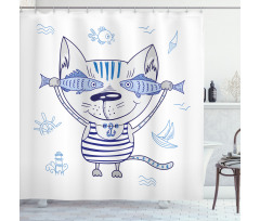Kitty Holding Fishes Shower Curtain