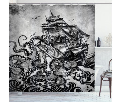 Nautical Shower Curtain Charcoal Kraken Waves and Ship