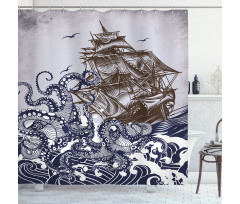Nautical Shower Curtain Navy Kraken Waves and Ship