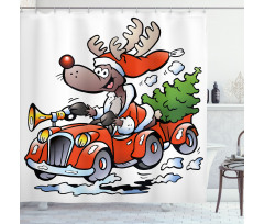 Reindeer in Red Car Shower Curtain