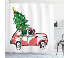 Retro Car Xmas Tree Shower Curtain