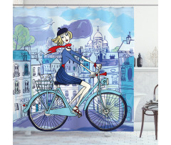 Woman on Bicycle with Cat Shower Curtain