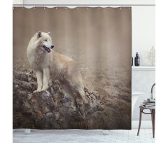 White Wolf on the Rocks Shower Curtain