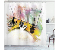 Girl and Cat in Bath Shower Curtain