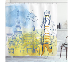 Girl at the Eiffel Tower Shower Curtain