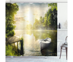 Boat by Foggy Lake Deck Shower Curtain