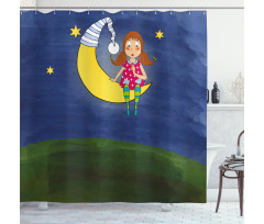 Girl on Moon Words Artwork Shower Curtain