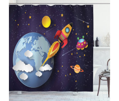 Rocket Earth Stars UFO Shower Curtain