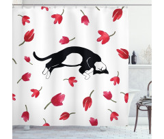 Cat Sleeping Tulips Shower Curtain