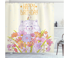Happy Cat Bird Flowers Shower Curtain
