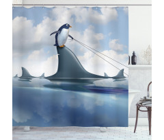 Penguin Holding Wild Fish Shower Curtain